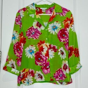 Allison Taylor Silk Blouse Lime Green Pink White Big Floral Design Womens size L
